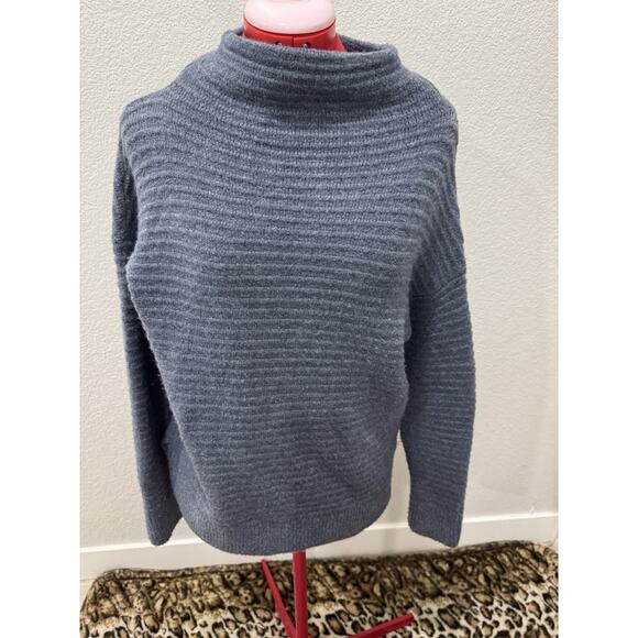 Blue Funnel Neck Ribbed Knit Sweater Pullover Cozy Oversized Comfy - Picture 1 of 7